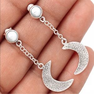 Earrings Pearl, Sterling Silver Crescent Moon
